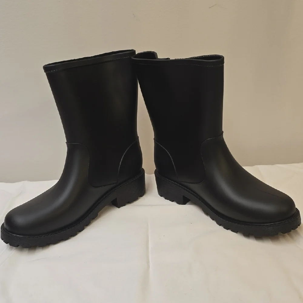 Style & Co. Black Mid-Calf Rain Boots with Gold Buckle Accent